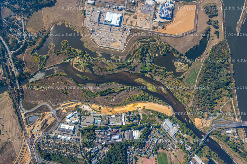 Wesel220806116 | Luftbild, Lippemündungsraum, Lippeaue, Flusslauf, Baustelle und Neubau Erweiterung Bundesstraße B8, Wesel, Ruhrgebiet, Nordrhein-Westfalen, Deutschland