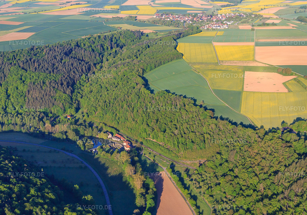 Luftbild: Teilbacher Mühle an der Tauber im Ortsteil Waldenhausen in Wertheim im Bundesland Baden-Württemberg in Deutschland. Foto: IMG_146673.jpg vom 11.05.2025 durch Werner Riehm/FLY-FOTO.de