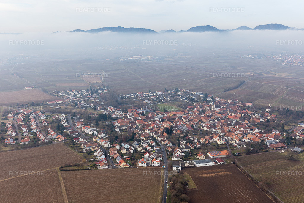 Luftbild: Dorf - Ansicht unter Wolken am Rande von Feldern in der Pfalz im Ortsteil Mörzheim in Landau im Bundesland Rheinland-Pfalz in Deutschland. Foto: IMG_096458.jpg vom 02.02.2017 durch Werner Riehm/FLY-FOTO.de
