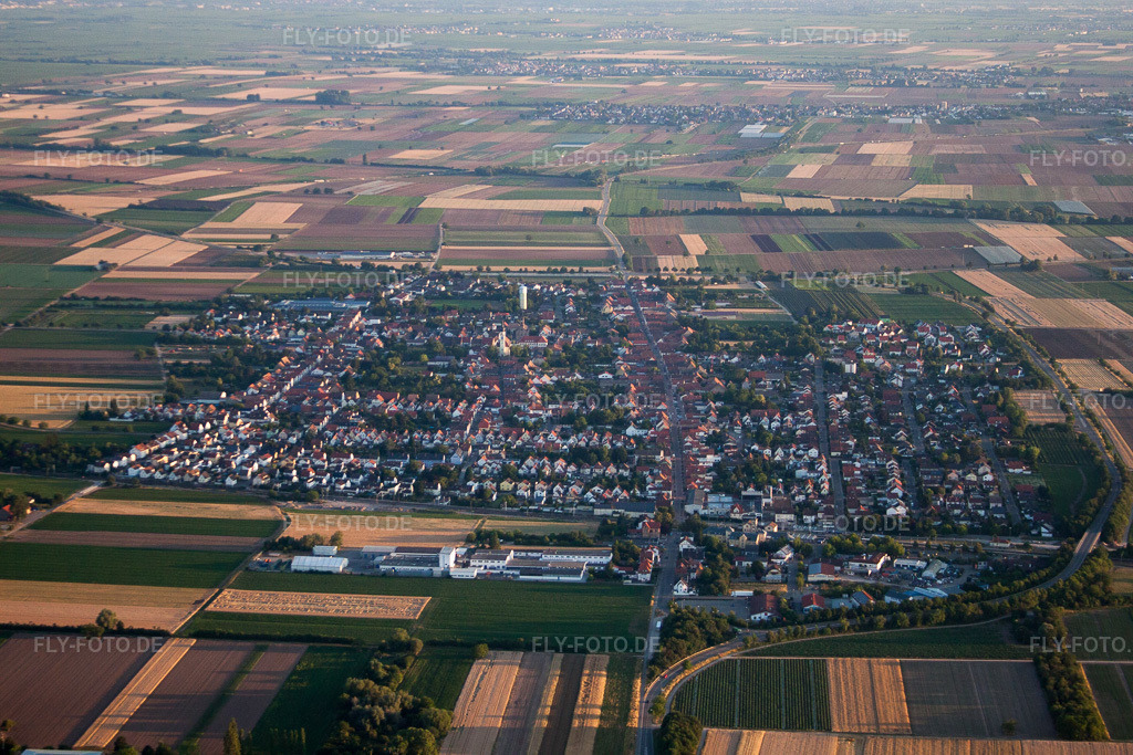Luftbild: Ortsansicht der Straßen und Häuser der Wohngebiete im Ortsteil Iggelheim in Böhl-Iggelheim im Bundesland Rheinland-Pfalz in Deutschland. Foto: IMG_69351.jpg vom 04.07.2014 durch Werner Riehm/FLY-FOTO.de