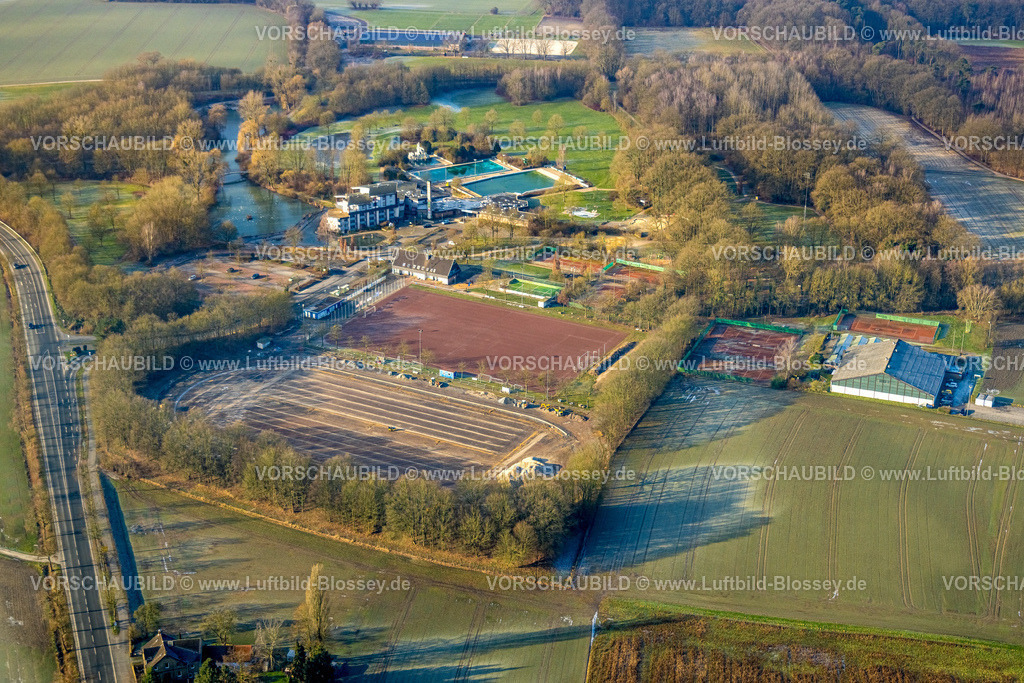 Hamm250201266Pelkum | Luftbild, Selbachpark, Sportplatz Fußballstadion 1. FC Pelkum e.V. und Tennisplätze, Baustelle Leichtathletikstadion, Hotel Selbachpark GmbH und Freibad  Selbachpark, Stadtbezirk Pelkum, Hamm, Ruhrgebiet, Nordrhein-Westfalen, Deutschland