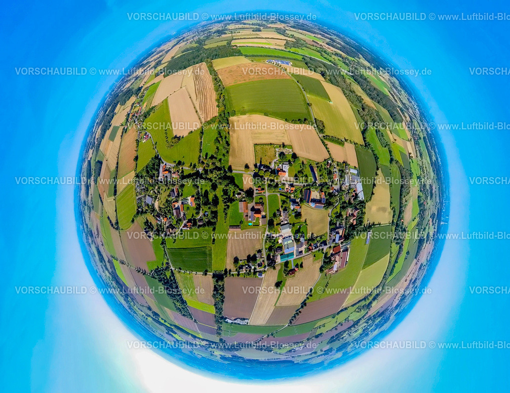 Hamm240890507SueddinkerSchuetzenbruderschaft | Luftbild, Ortsteil Süddinker, St. Hubertus Schützenbruderschaft Süddinker 1826, umgeben Wiesen und Feldern, Erdkugel, Fisheye Aufnahme, Fischaugen Aufnahme, 360 Grad Aufnahme, tiny world, little planet, fisheye Bild, Stadtbezirk Rhynern, Hamm, Ruhrgebiet, Nordrhein-Westfalen, Deutschland