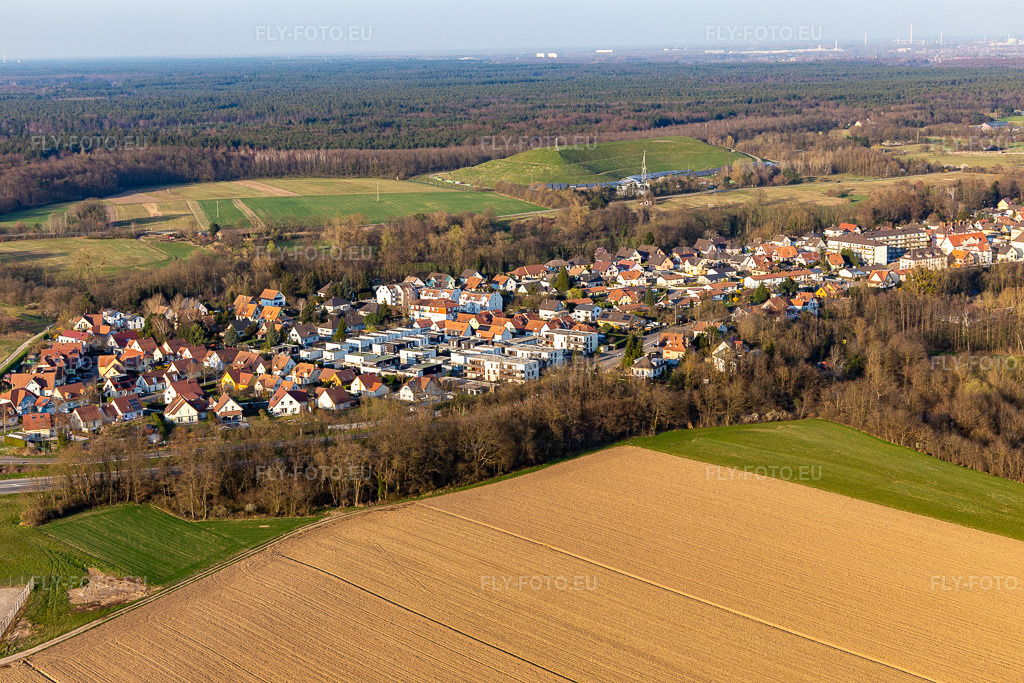 Vue aérienne: Rue Engelgrund à Scheibenhard dans le département Bas Rhin, France. Photo: IMG_130984.jpg prise le 22/03/2022 par Werner Riehm/FLY-FOTO.euRésolution de l'original: 5472 x 3648 px