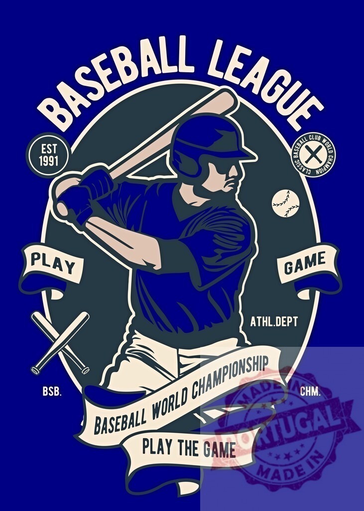 Baseball league retro emblem with batter hitting ball | Baseball player swinging bat with typography on blue background, celebrating the sport - Realized with Pictrs.com