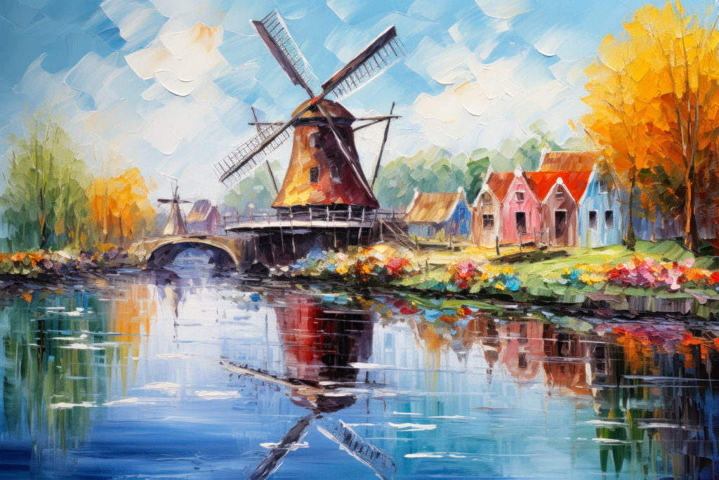 2307261 - Landschaft mit Windmühle | Bestellen Sie dieses digitale Gemälde einer holländischen Landschaft mit Windmühle als hochwertigen Kunstruck auf Leinwand, Acrylglas, Alu-Dibond oder als Poster.