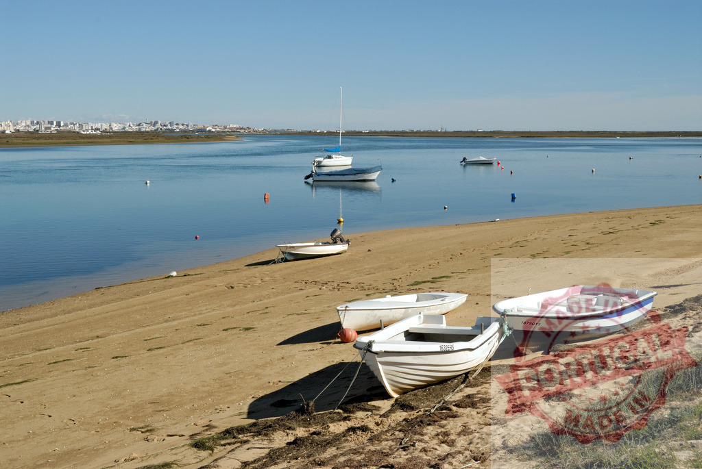 Fishing boats resting on sandy beach in quiet bay | Small fishing boats sitting on the sandy beach of a calm bay with buildings in background - Realisiert mit Pictrs.com