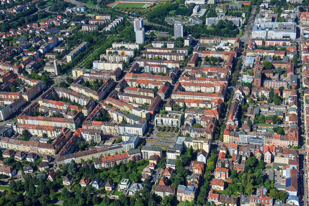 Luftbild: Kolpingplatz im Ortsteil Südweststadt in Karlsruhe im Bundesland Baden-Württemberg in Deutschland. Foto: IMG_31987.jpg vom 20.08.2010 durch Werner Riehm/FLY-FOTO.de