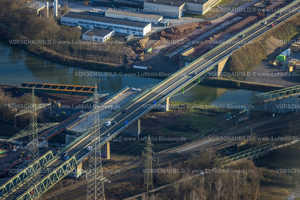 Herne240103942 | Luftbild, Bauarbeiten an der Emschertalbrücke Autobahnbrücke A43 über den Fluss Emscher und Rhein-Herne-Kanal, Baukau, Herne, Ruhrgebiet, Nordrhein-Westfalen, Deutschland