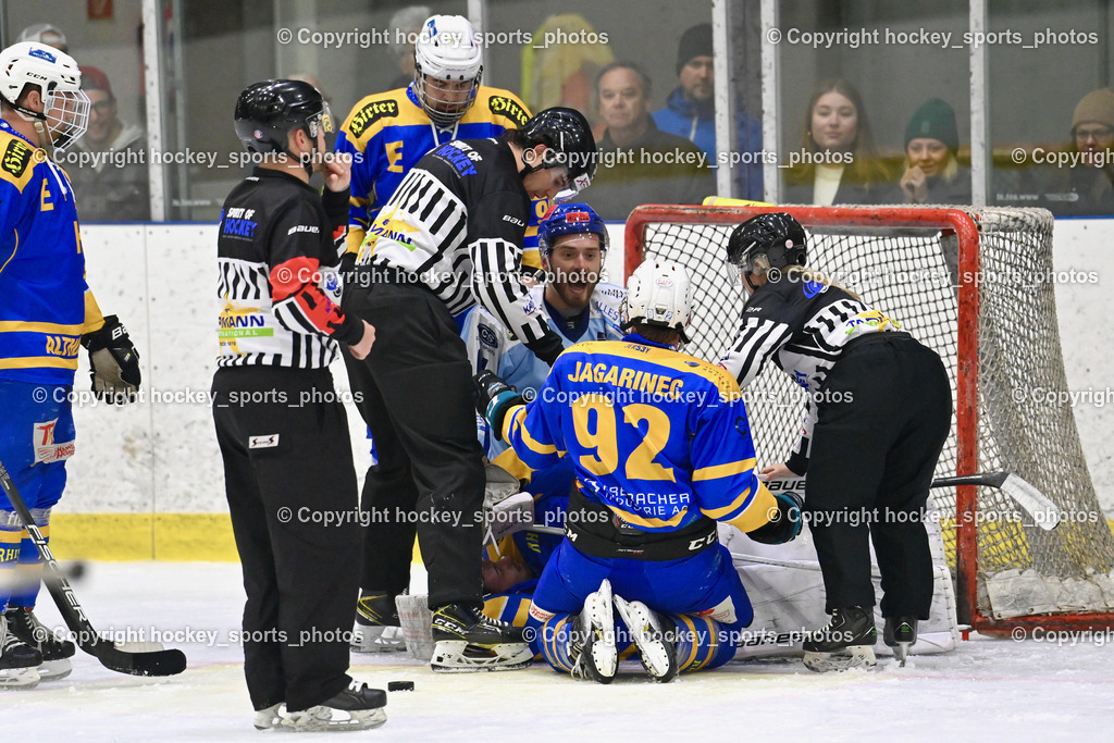 EHC Althofen vs. ESC Steindorf 6.3.2024 | Widmann Florian Referee, Telesklav Fabio Referee, #92 Jagarinec Jakob Lukas EHC Althofen, Klemm Anja Referee, #61 Friedrich Daniel ESC Steindorf, EHC Althofen vs. ESC Steindorf 6.3.2024, EHC Althofen vs. ESC Steindorf am 06.03.2024 in Althofen (Stadthalle Althofen ), Austria, (Photo by Bernd Stefan)
