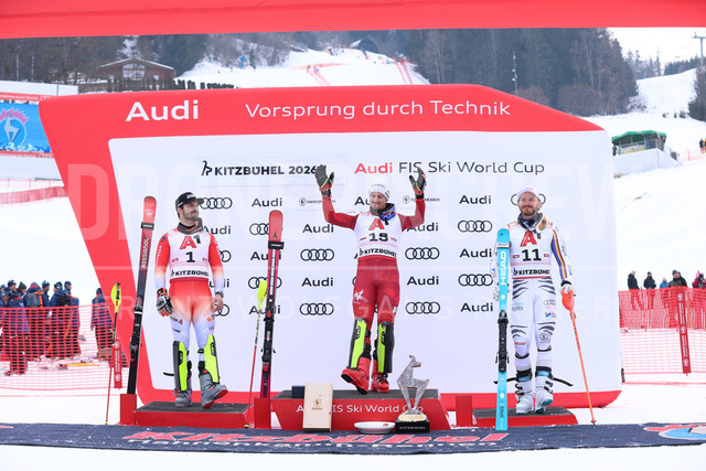 Audi FIS Ski World Cup: Men’s Slalom – Hahnenkamm Race, Kitzbuehel | Kitzbuehel, Austria, 25.Jan.26 - Alpine Skiing - FIS World Cup, Hahnenkamm Race, Slalom, men. The image shows MEILLARD Loic (SUI, Rossignol), FELLER Manuel (AUT, Atomic) and STRASSER Linus (GER, Head).