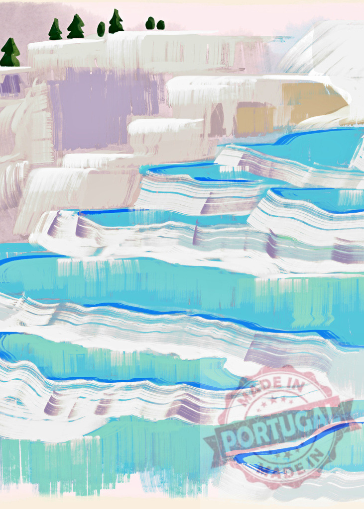 Pamukkale thermal pools abstract painting representing turkish mineral-rich waters with blue and white tones | Artistic representation of pamukkale's cascading white terraces and turquoise thermal pools, a mesmerizing natural wonder in turkey - Realisiert mit Pictrs.com