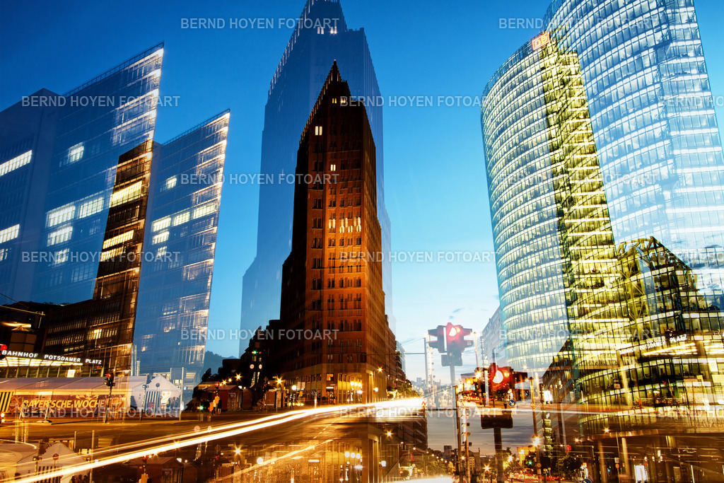 pp night life | Foto einiger Bürotürme am Berliner Potsdamer Platz bei Nacht, Deutschland. Der Potsdamer Platz mit seinen Hochhäusern zählt zu den Wahrzeichen Berlins. Die Bildbearbeitung der Nachtaufnahme erfolgte mit einer Doppelbelichtung als Collage. | Photo of some office towers at Berlin's Potsdamer Platz at night, Germany. Potsdamer Platz with its skyscrapers is one of Berlin's landmarks. The image processing of the night shot was done with a double exposure as a collage. - Realisiert mit Pictrs.com