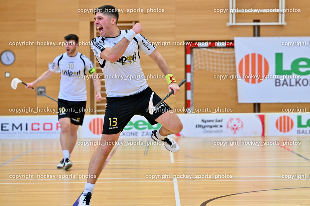 FBK Loka vs. VSV Unihockey | Jubel #13 Blaz Tomc FBK Loka, FBK Loka vs. VSV Unihockey, FBK Loka vs. VSV Unihockey am 23.03.2025 in Villach (Ballspielhalle St. Martin), Austria, (Photo by Bernd Stefan)