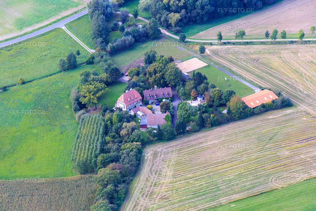 Luftbild: Kosmetik Bella M im Ortsteil Unterschwappach in Knetzgau im Bundesland Bayern in Deutschland. Foto: IMG_073845.jpg vom 27.09.2014 durch Werner Riehm/FLY-FOTO.deBella M - Beauty und Wellness auf der Mühle