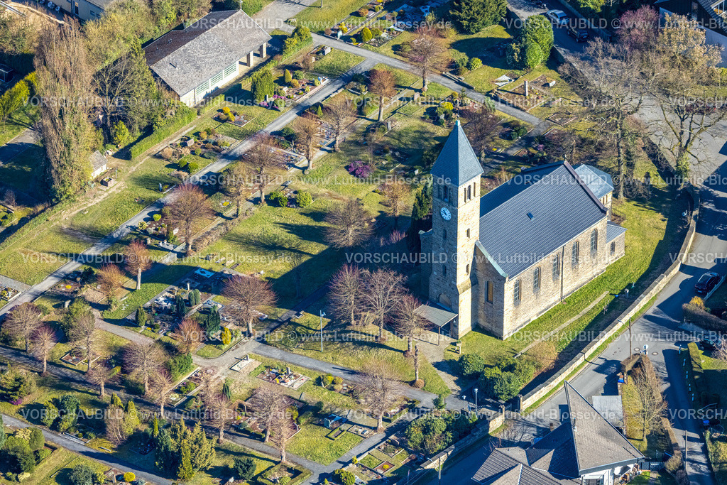 Witten250300852 | Luftbild, evang. Kirche und Friedhof Gräberfeld Wemerstraße, Rüdinghausen, Witten, Ruhrgebiet, Nordrhein-Westfalen, Deutschland