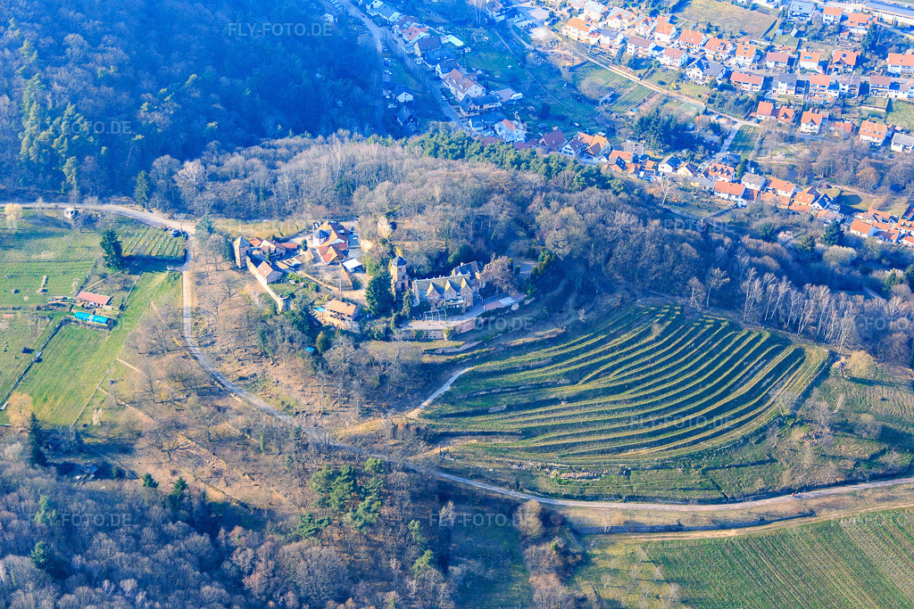 Luftbild: Schloss Kropsburg im Ortsteil SaintMartin in Sankt Martin im Bundesland Rheinland-Pfalz in Deutschland. – Foto: IMG_086501.jpg vom 18.03.2016 durch Werner Riehm/FLY-FOTO.de – Auflösung des Originals: 5472 x 3648 px – Hier entsteht eine neue – Über uns - burgschaenke-kropsburgs Webseite!