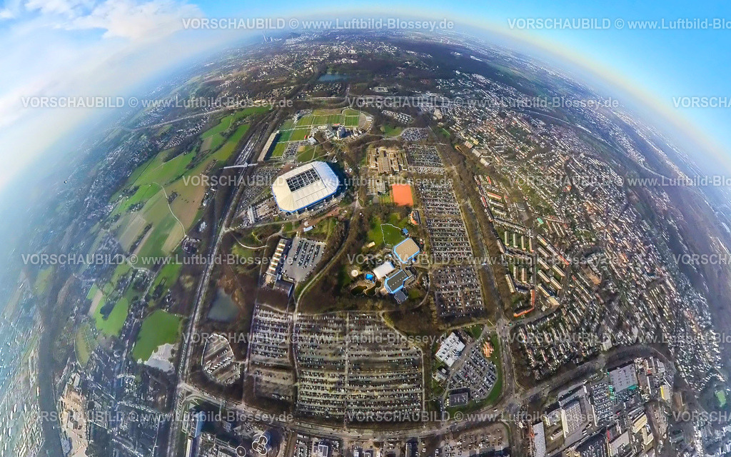 Gelsenkirchen240390003Schalke-2 | Luftbild, Veltins-Arena Bundesligastadion des FC Schalke 04 mit offenem Dach und gefüllten Parkplätzen, Fußballfans am Stadion, Berger Feld, Erle, Gelsenkirchen, Ruhrgebiet, Nordrhein-Westfalen, Deutschland
