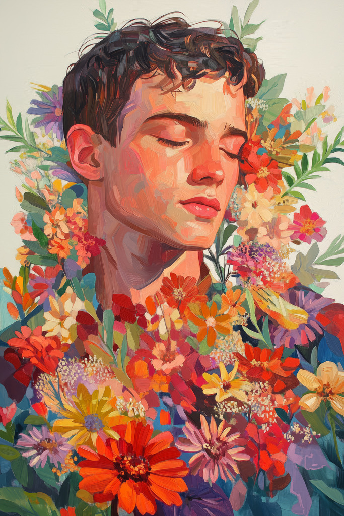 10250126 - Junger Mann mit Blumen | Modernes Wandbild oder Poster im Stil eines Gemäldes. Für Preise, Formate und Ausführungen klicken Sie bitte auf "Bestellen".