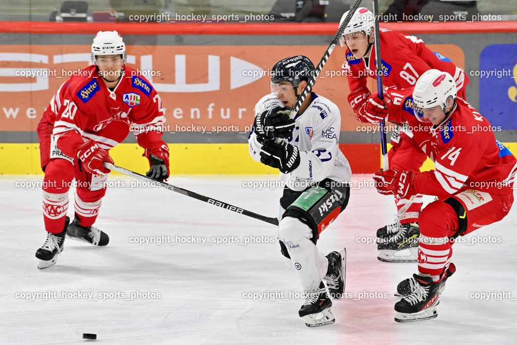 EC KAC Future Team vs. Die Adler Kitzbühl 7.10.2023 | #20 Pilloni Yannic EC KAC FUTURE TEAM, #87 Urbanek Martin EC Kitzbühel, #74 Klassek Stefan EC KAC FUTURE TEAM, #87 Piuk TobiasEC KAC Future Team vs. Die Adler Kitzbühl 7.10.2023, EC KAC Future Team vs. Die Adler Kitzbühl am 07.10.2023 in Klagenfurt (Messehalle Klagenfurt), Austria, (Photo by Bernd Stefan)
