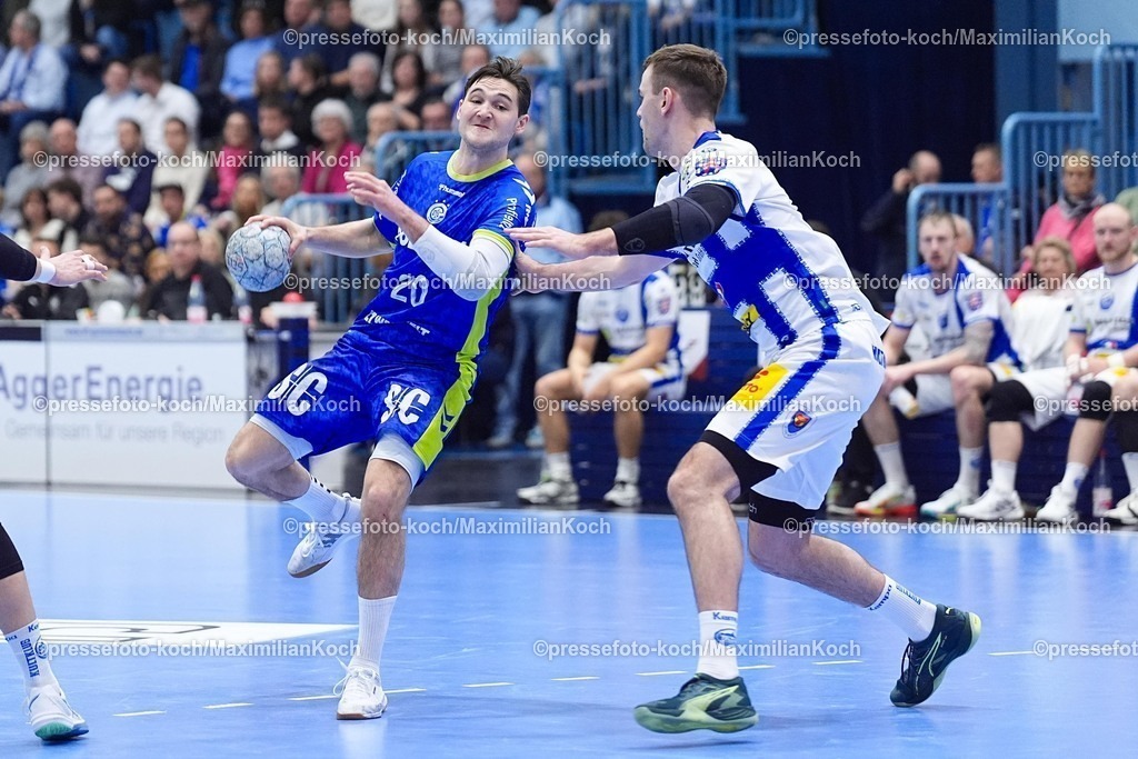 xYDRx19022601024 | 19.02.2026, xydrx, Handball, 1.HBL, VfL Gummersbach - ThSV Eisenach, Schwalbe-Arena: Ludvig Hallbaeck (VfL Gummersbach #20) im Zweikampf gegen Max Beneke (ThSV Eisenach #9)   Photo: xYannisxDreimannxPressefotoKochx