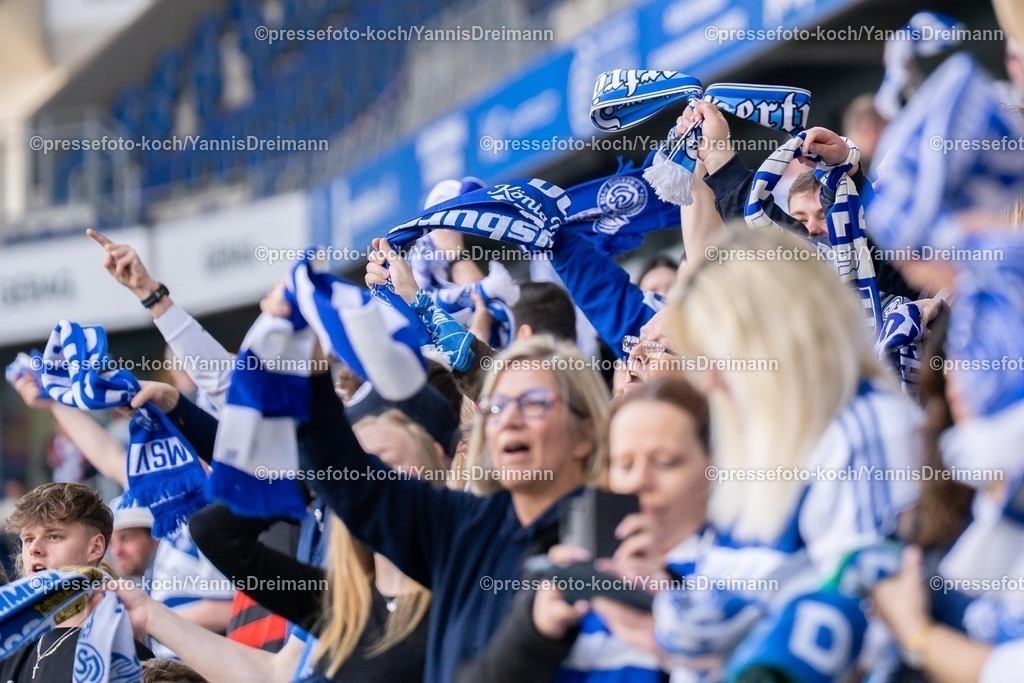xYDR22032501058 | 22.03.2025, xydrx, Fußball, MSV Duisburg - SC Union Nettetal, Niederrheinpokal Halbfinale, Schauinsland-Reisen Arena: MSV Fans schwenken Schalls