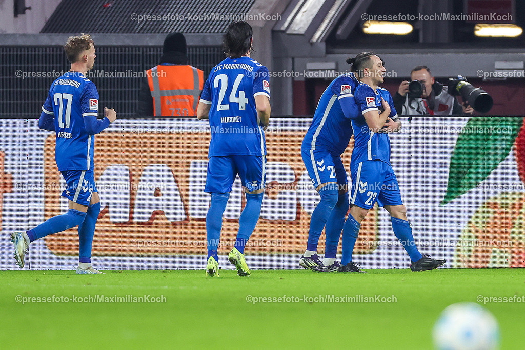 Due20122401086 | 20.12.2024, Fußball, Fortuna Düsseldorf - 1. FC Magdeburg, 2. Bundesliga, Merkur Spiel-Arena, Saison 2024 2025: Torjubel nach dem 2:2 durch Baris Atik (1.FC Magdeburg #23)DFB regulations prohibit any use of photographs as image sequences and or quasi-video.
