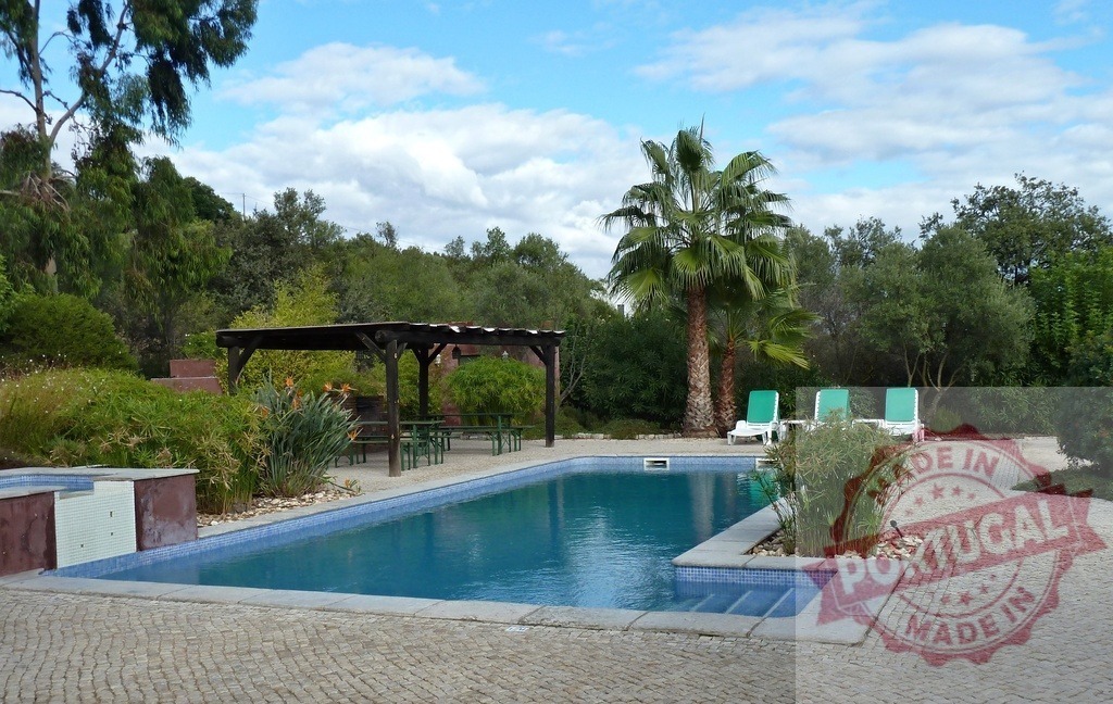 Swimming pool area featuring palm trees and lounge chairs | Swimming pool surrounded by lush garden, a wooden gazebo, and comfortable lounge chairs under a blue sky - Realisiert mit Pictrs.com