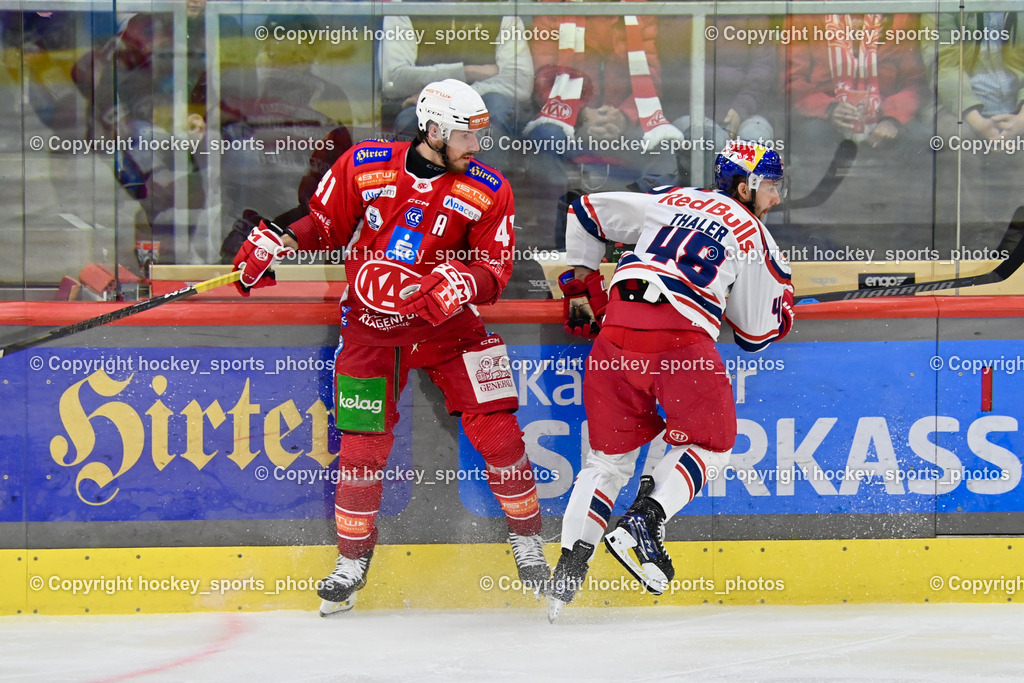 EC KAC vs. EC Red Bull Salzburb | #41 Jensen Aabo Jesper EC KAC, #48 Thaler Lucas EC RED BULL SALZBURG,  EC KAC vs. EC Red Bull Salzburb, EC KAC vs. EC Red Bull Salzburb am 04.04.2025 in Klagenfurt (Heidi Horten Arena), Austria, (Photo by Bernd Stefan)