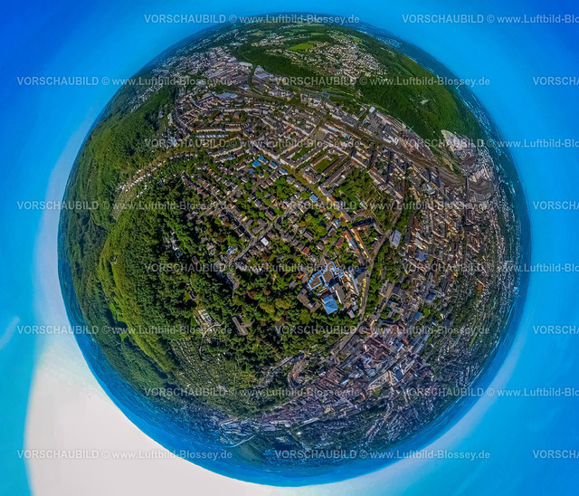 Hagen240590227Wehringhausen | Luftbild, Wohngebiet und Agaplesion Klinikum Hagen, Buscheystraße, Waldgebiet mit Bismarckturm, Erdkugel, Fisheye Aufnahme, Fischaugen Aufnahme, 360 Grad Aufnahme, tiny world, little planet, fisheye Bild, Wehringhausen, Hagen, Ruhrgebiet, Nordrhein-Westfalen, Deutschland