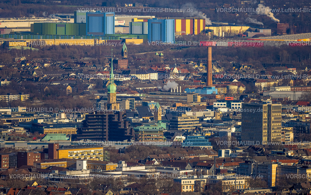 Dortmund230200755 | Luftbild, City, Reinoldikirche, Blick auf Westfalenhütte Gelände mit Rewe Logistik und thyssenkrupp Steel, Dortmund, Ruhrgebiet, Nordrhein-Westfalen, Deutschland
