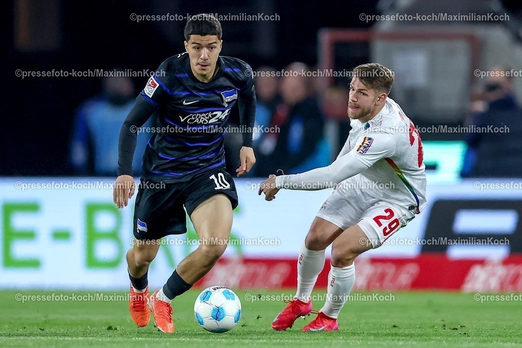 1FC05042501020 | 05.04.2025, Fußball, 1. FC Köln - Hertha BSC, 2.. Fußball Bundesliga, 28. Spieltag, RheinEnergie-STADION, Saison 2024 2025: Ibrahim Maza (Hertha BSC #10) im Zweikampf gegen Jan Thielmann (FC Koeln #29) DFB regulations prohibit any use of photographs as image sequences and or quasi-video.