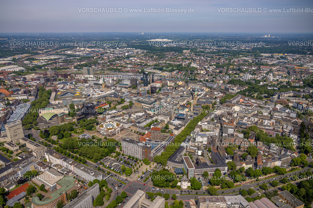 Dortmund240507137 | Luftbild, City, Übersicht Innenstadt mit  Wallring und Stadtzentrum Geschäftshäuser, Reinoldikirche, schwarzer RWE Tower am Hbf Hauptbahnhof, Schauspielhaus, Rathaus mit Friedensplatz, Fernsicht Dortmund, Ruhrgebiet, Nordrhein-Westfalen, Deutschland