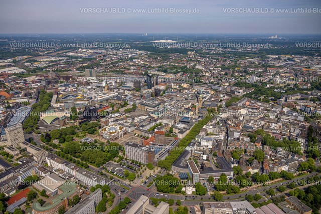 Dortmund240507137 | Luftbild, City, Übersicht Innenstadt mit  Wallring und Stadtzentrum Geschäftshäuser, Reinoldikirche, schwarzer RWE Tower am Hbf Hauptbahnhof, Schauspielhaus, Rathaus mit Friedensplatz, Fernsicht Dortmund, Ruhrgebiet, Nordrhein-Westfalen, Deutschland