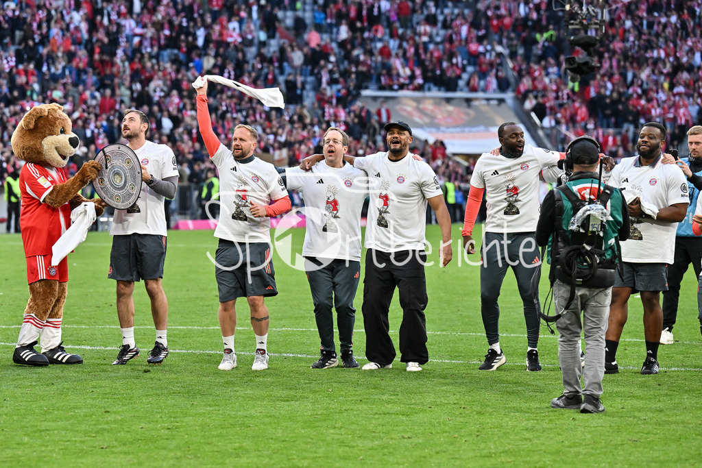 FC Bayern München - VfB Stuttgart | MUNICH, GERMANY - 19. APRIL: the Team form Bayern Munich celebrating - Deutsche Meisterschaft / Deutscher Fussballmeinster / Deutscher Meister after the Bundesliga Match between FC Bayern Munich vs. VfB Stuttgart at Matchday 30 at Allianz Arena / DFL REGULATIONS PROHIBIT ANY USE OF PHOTOGRAPHS AS IMAGE SEQUENCES AND/OR QUASI-VIDEO / Staff with Vincent KOMPANY Trainer FC Bayern München