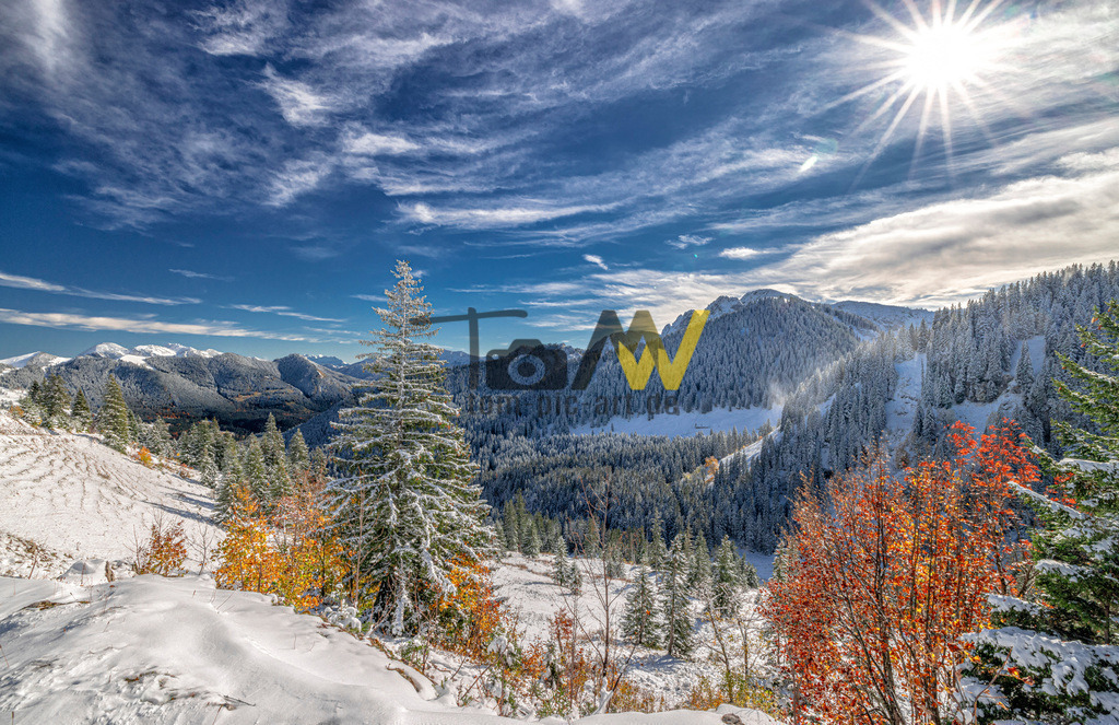 Schnee im Herbst am Tegernsee--magische Farben------Winter | Beginn des Winters in den Bergen des Tegernsee's. Sehr schöne Mischung aus winterlichem Weiß , und den herbstlichen Farben. - Realisiert mit Pictrs.com