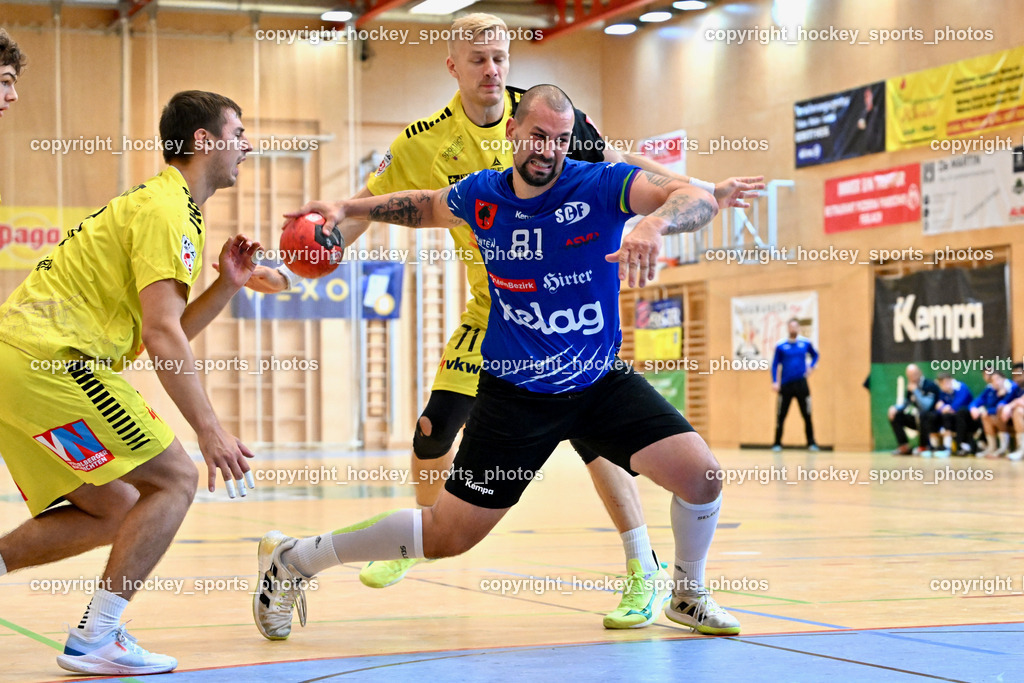 SC Ferlach vs. Bregenz Handball | #6 MAHR Markus Bregenz Handball, #81 Milicevic Adrian SC Ferlach, #71 Schröder Andreas Bregenz Handball, SC Ferlach vs. Bregenz Handball, SC Ferlach vs. Bregenz Handball am 28.09.2024 in Ferlach (Ballspielhalle Ferlach), Austria, (Photo by Bernd Stefan)
