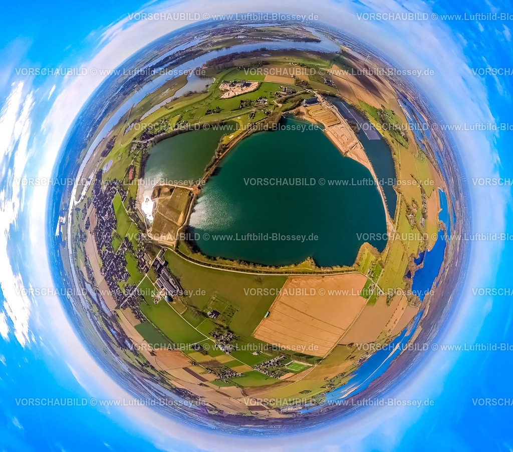 Wesel240390103Wesel-Bislich_HolemansKieswerk_Ellerdonk | Luftbild, Holemans - Kieswerk Ellerdonk, See Bislicher Straße und Drögenkamp, Erdkugel, Fisheye Aufnahme, Fischaugen Aufnahme, 360 Grad Aufnahme, tiny world, little planet, fisheye Bild, Bislich, Wesel, Nordrhein-Westfalen, Deutschland