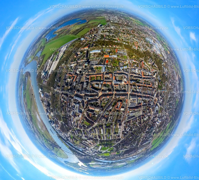 Wesel240390086Wesel-Mitte | Luftbild, Wohngebiet Ortsansicht Wesel-Mitte, City Innenstadt mit Herzogring Baumallee, Erdkugel, Fisheye Aufnahme, Fischaugen Aufnahme, 360 Grad Aufnahme, tiny world, little planet, fisheye Bild, Wesel, Nordrhein-Westfalen, Deutschland