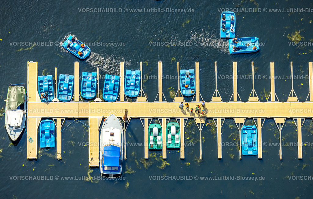 Bochum220503525 | Luftbild, Bootsanlegestelle, Tretboote am Kemnader See im Hafen Heveney, Querenburg, Bochum, Ruhrgebiet, Nordrhein-Westfalen, Deutschland
