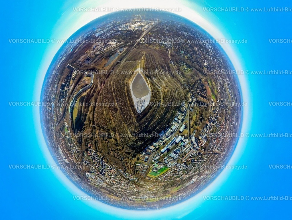 Bottrop240190197Tetraeder | Luftbild, Tetraeder Wahrzeichen, Haldenereignis Emscherblick, Aussichtsterrasse in Form einer dreiseitigen Pyramide auf der Halde Beckstraße, Künstler Architekt Wolfgang Christ, Erdkugel, Fisheye Aufnahme, Fischaugen Aufnahme, 360 Grad Aufnahme, tiny world, little planet, fisheye Bild, Batenbrock-Nord, Bottrop, Ruhrgebiet, Nordrhein-Westfalen, Deutschland