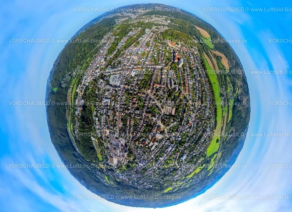 Arnsberg230990212ArnbergMitte | Luftbild, Ortsansicht Arnsberg-Mitte, Erdkugel, Fisheye Aufnahme, Fischaugen Aufnahme, 360 Grad Aufnahme, tiny world, , Arnsberg, Sauerland, Nordrhein-Westfalen, Deutschland