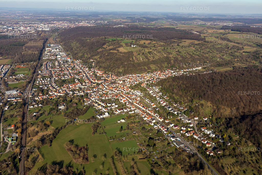 Luftbild: Ortsansicht von Süden im Ortsteil Untergrombach in Bruchsal im Bundesland Baden-Württemberg in Deutschland. Foto: IMG_097243.jpg vom 10.03.2017 durch Werner Riehm/FLY-FOTO.de