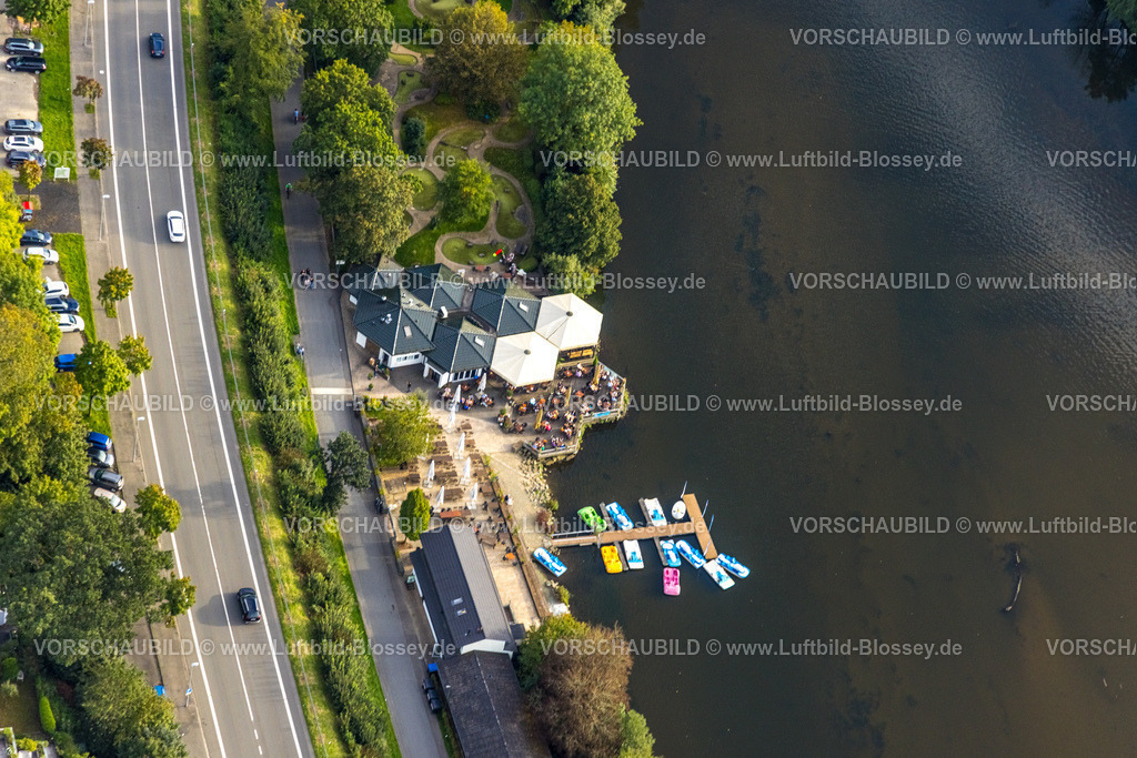 Olpe230913236 | Luftbild, Bootshaus Biggesee mit Außengastronomie, Tretboote Anlegestelle, Olpe-Stadt, Olpe, Sauerland, Nordrhein-Westfalen, Deutschland