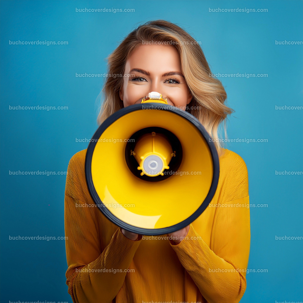 Frau mit Megafon blaue hintergrund | Entdecken Sie kreative Buch Cover Designs für Self-Publishing-Autoren und Verlage! Unsere maßgeschneiderten Designs ziehen Leser an und bringen Ihre Geschichten visuell zum Leben. Lassen Sie uns Ihr perfektes Cover gestalten!