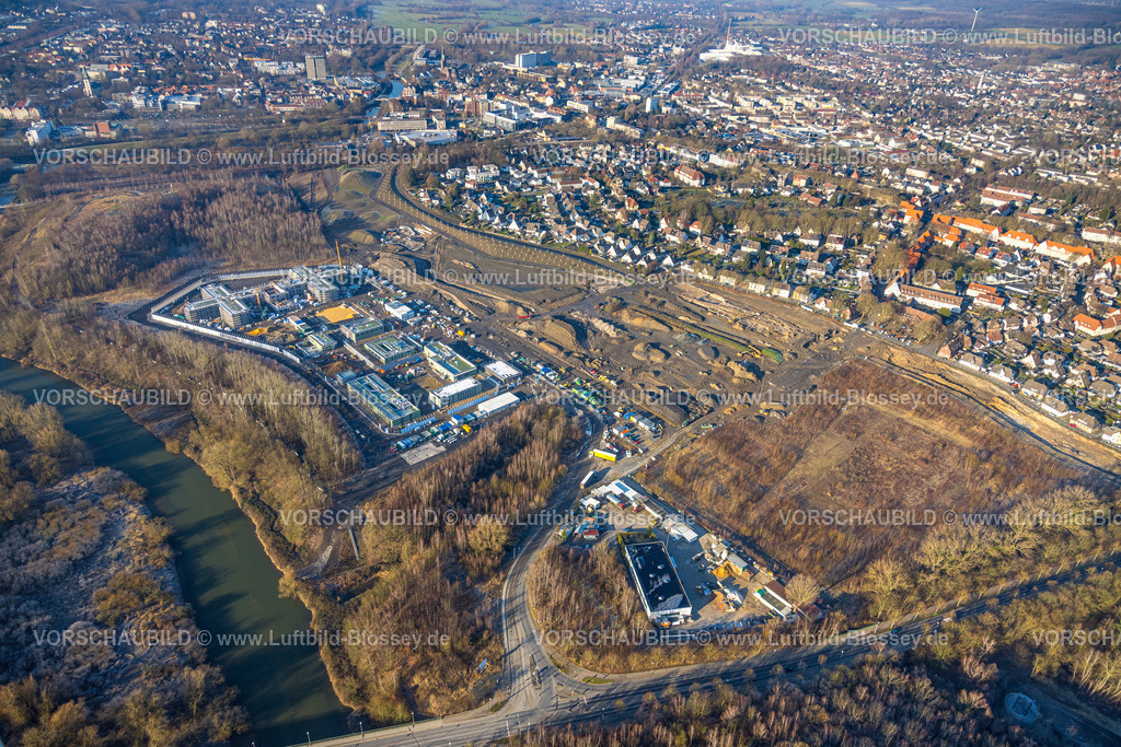 Luenen260100037 | Luftbild, Gelände der ehemaligen Zeche Victoria,  Baustelle und Sanierung für einen Landschaftspark Viktoria für die IGA Gartenausstellung 2027, Neubau einer Forensik-Klinik, Lünen, Ruhrgebiet, Nordrhein-Westfalen, Deutschland