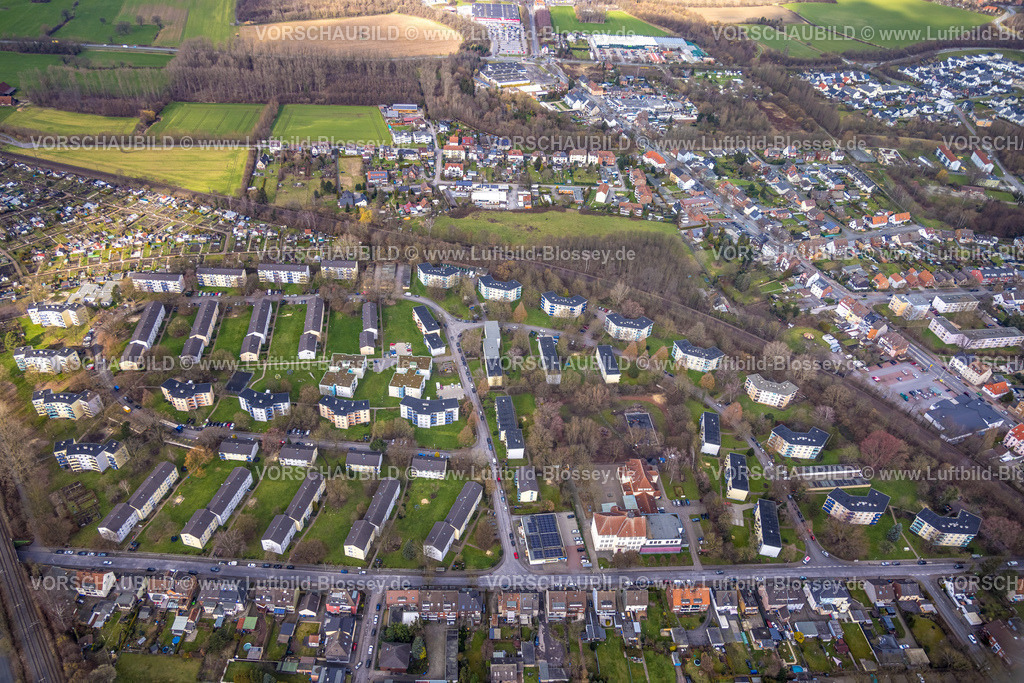 Hamm230215108 | Luftbild, Wohnsiedlung Schlagenkamp und Schottschleife, Ludgerischule, Mix Markt, Stadtbezirk Heessen, Hamm, Ruhrgebiet, Nordrhein-Westfalen, Deutschland