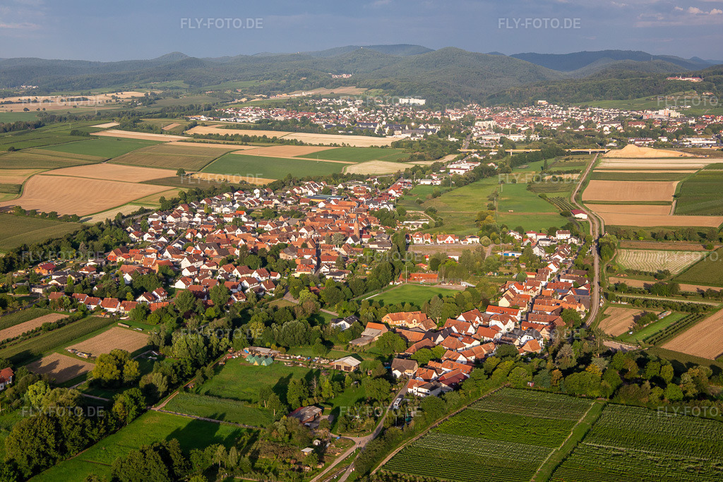Luftbild: Ortsansicht von Nordosten im Ortsteil Drusweiler in Kapellen-Drusweiler im Bundesland Rheinland-Pfalz in Deutschland. Foto: IMG_137679.jpg vom 12.08.2023 durch Werner Riehm/FLY-FOTO.de
