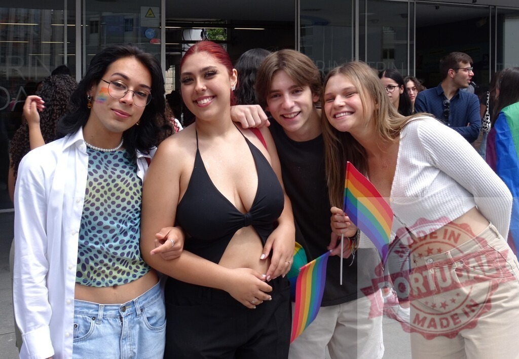 Diverse group of friends celebrating LGBTQ+ pride and youth | Diverse young people smiling, embracing, and holding rainbow flags at a pride event - Realized with Pictrs.com