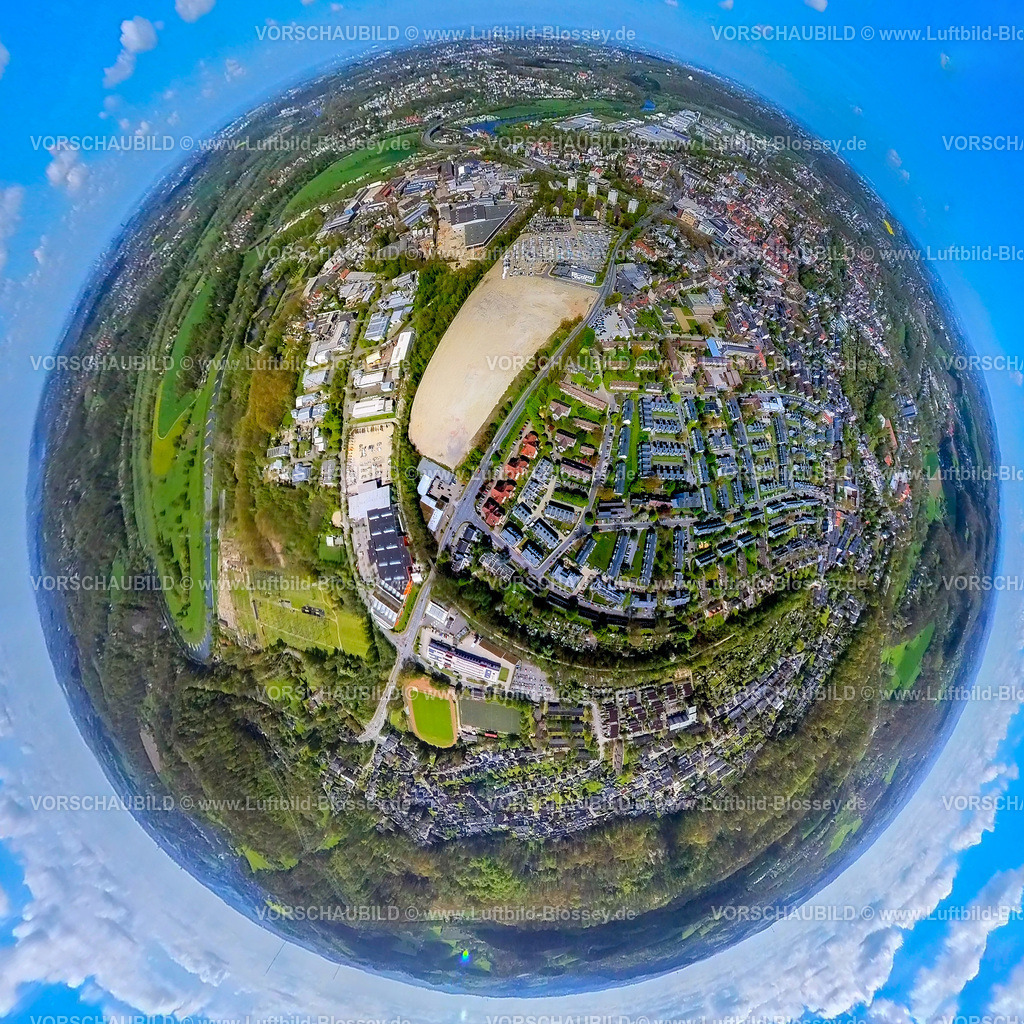 Hattingen230490829OuK | Luftbild, Gewerbegebiet Nierenhofer Straße, ehemaliges O&amp;K Gelände, Polizeiwache Hattingen, Gewerbegebiet Beuler Höhe, Wohngebiet Uhlandstraße (blaue Dächer), Erdkugel, Fisheye Aufnahme, Fischaugen Aufnahme, 360 Grad Aufnahme, Rosenthal, Hattingen, Ruhrgebiet, Nordrhein-Westfalen, Deutschland