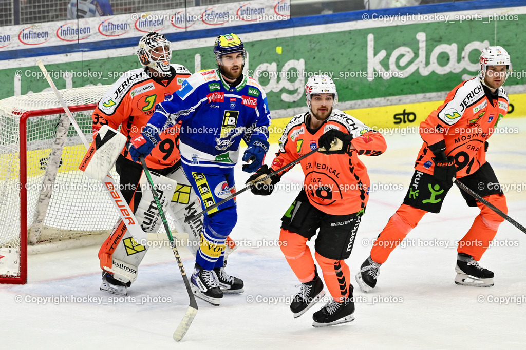 EC IDM WÄRMEPUMPEN VSV vs. MOSER MEDICAL GRAZ99ERS | #33 Maxime Lagacé Graz 99ers, #8 Maximilian Rebernig EC VSV, #5 Kasper Kotkansalo Graz 99ers, #3 Frank Hora Graz 99ers, EC IDM WÄRMEPUMPEN VSV vs. MOSER MEDICAL GRAZ99ERS, EC IDM WÄRMEPUMPEN VSV vs. MOSER MEDICAL GRAZ99ERS am 12.03.2026 in Villach (Stadthalle Villach), Austria, (Photo by Bernd Stefan)